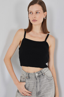 Kadın Askılı Crop Top Bluz 15934 - Siyah - 3