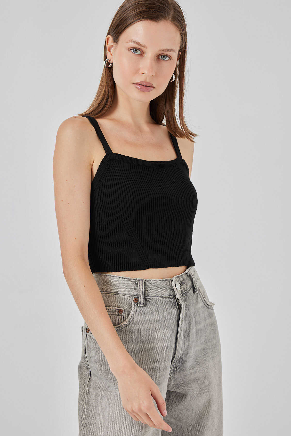 Kadın Askılı Crop Top Bluz 15934 - Siyah - 4