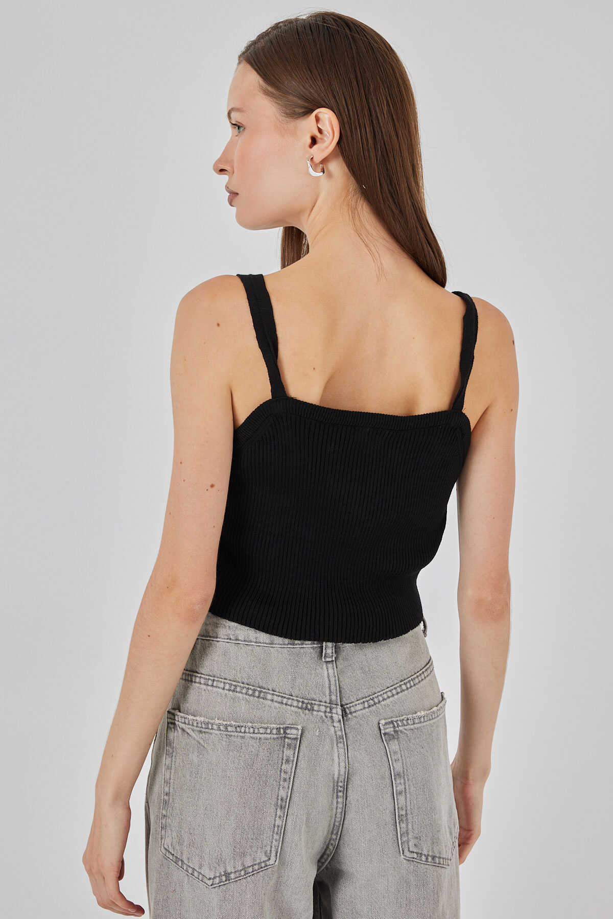 Kadın Askılı Crop Top Bluz 15934 - Siyah - 6