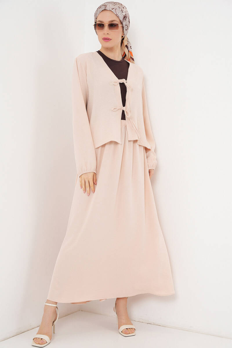 Kadın Ayrobin Kimono Etek İkili Takım 8047 - Krem - BİGDART