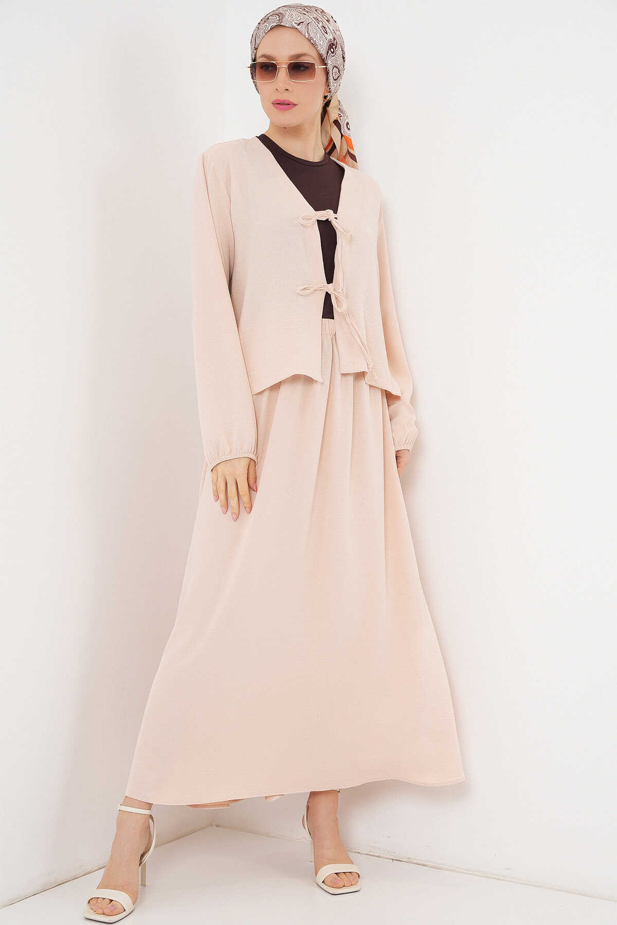 Kadın Ayrobin Kimono Etek İkili Takım 8047 - Krem - 1