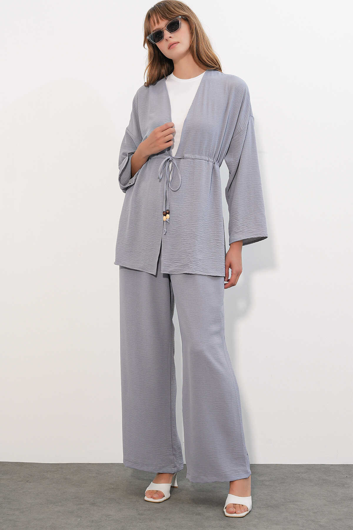 Kadın Ayrobin Kimono Pantolon İkili Takım 30101- Gri - 1