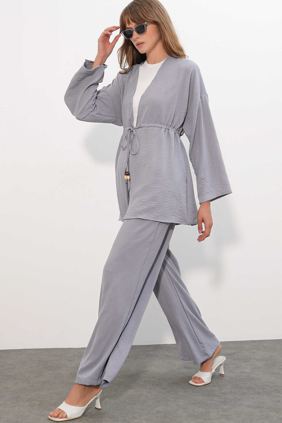 Kadın Ayrobin Kimono Pantolon İkili Takım 30101- Gri - 3