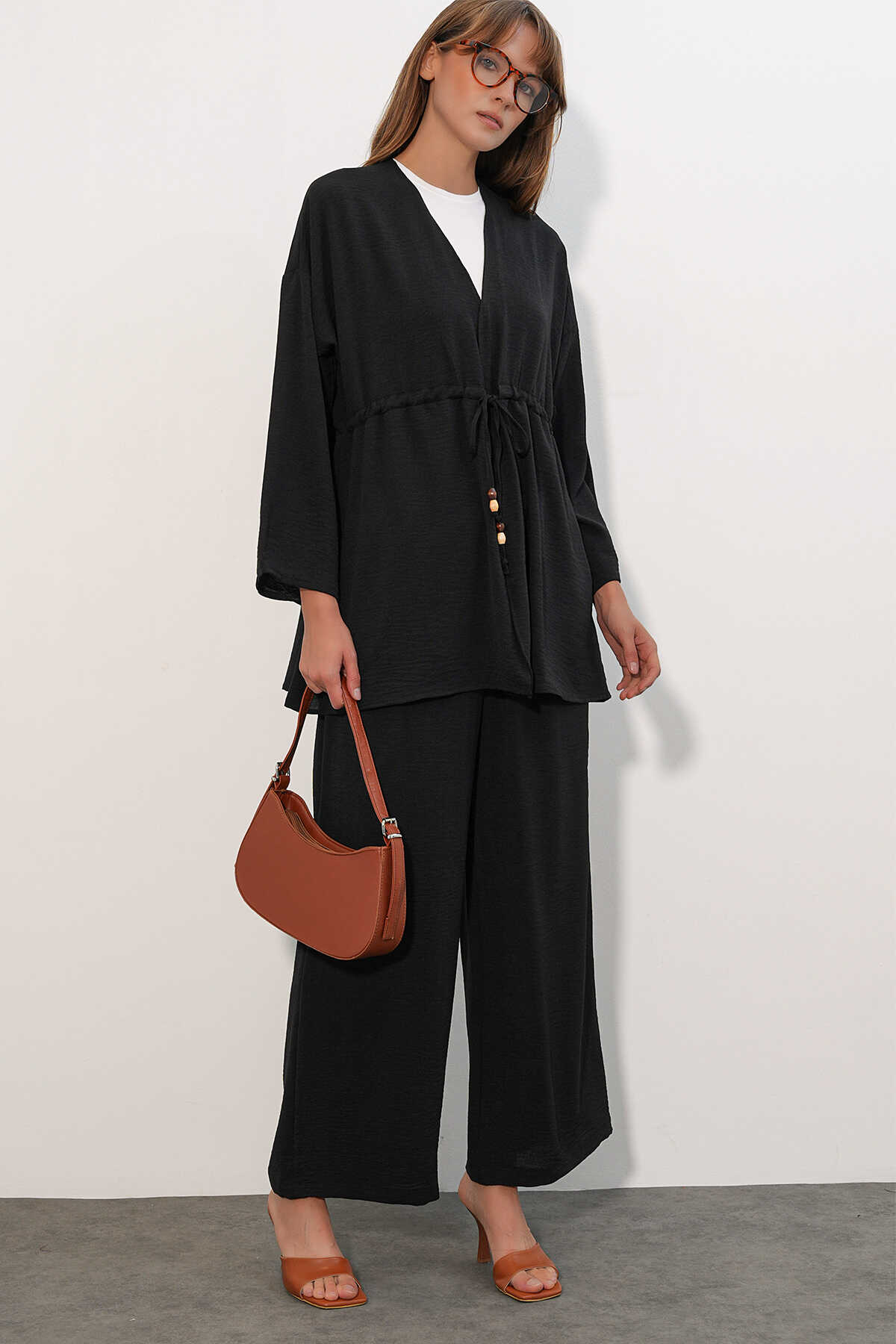 Kadın Ayrobin Kimono Pantolon İkili Takım 30101 - Siyah - 3
