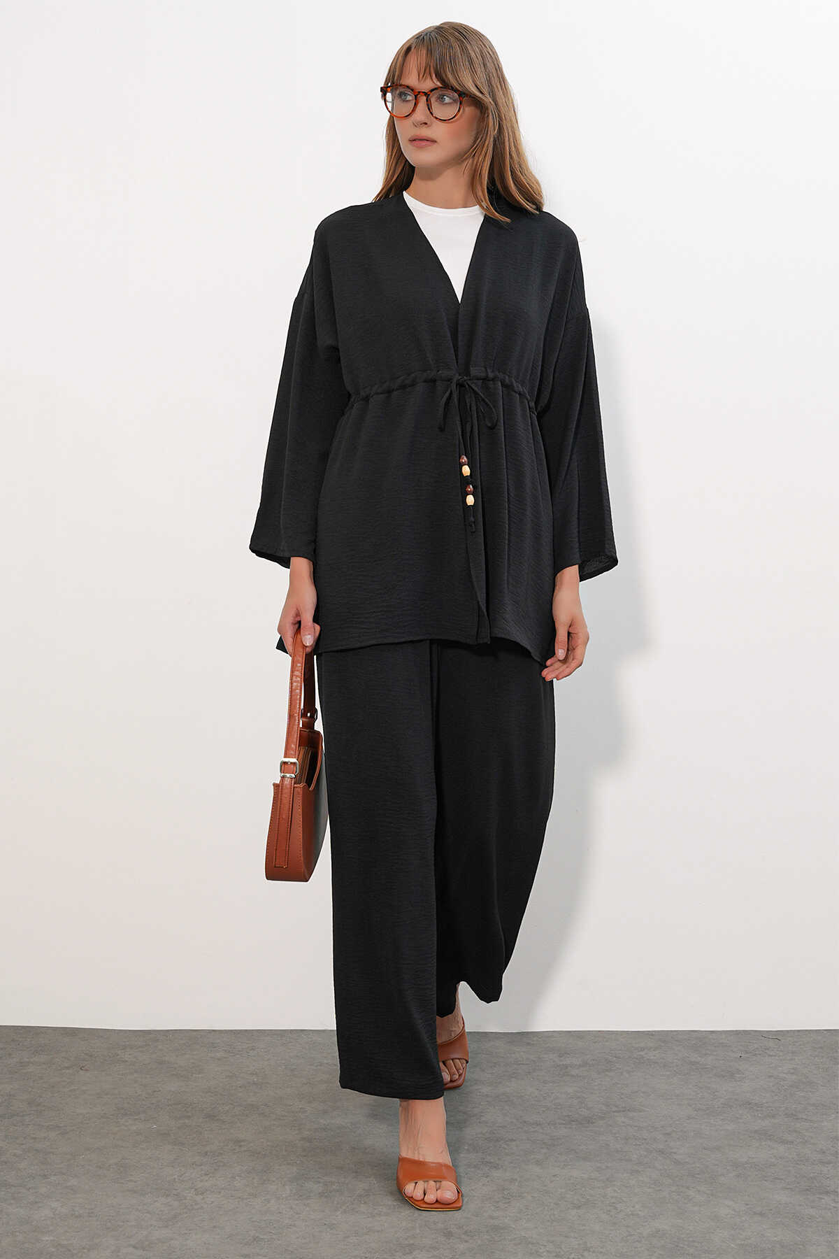 Kadın Ayrobin Kimono Pantolon İkili Takım 30101 - Siyah - 4