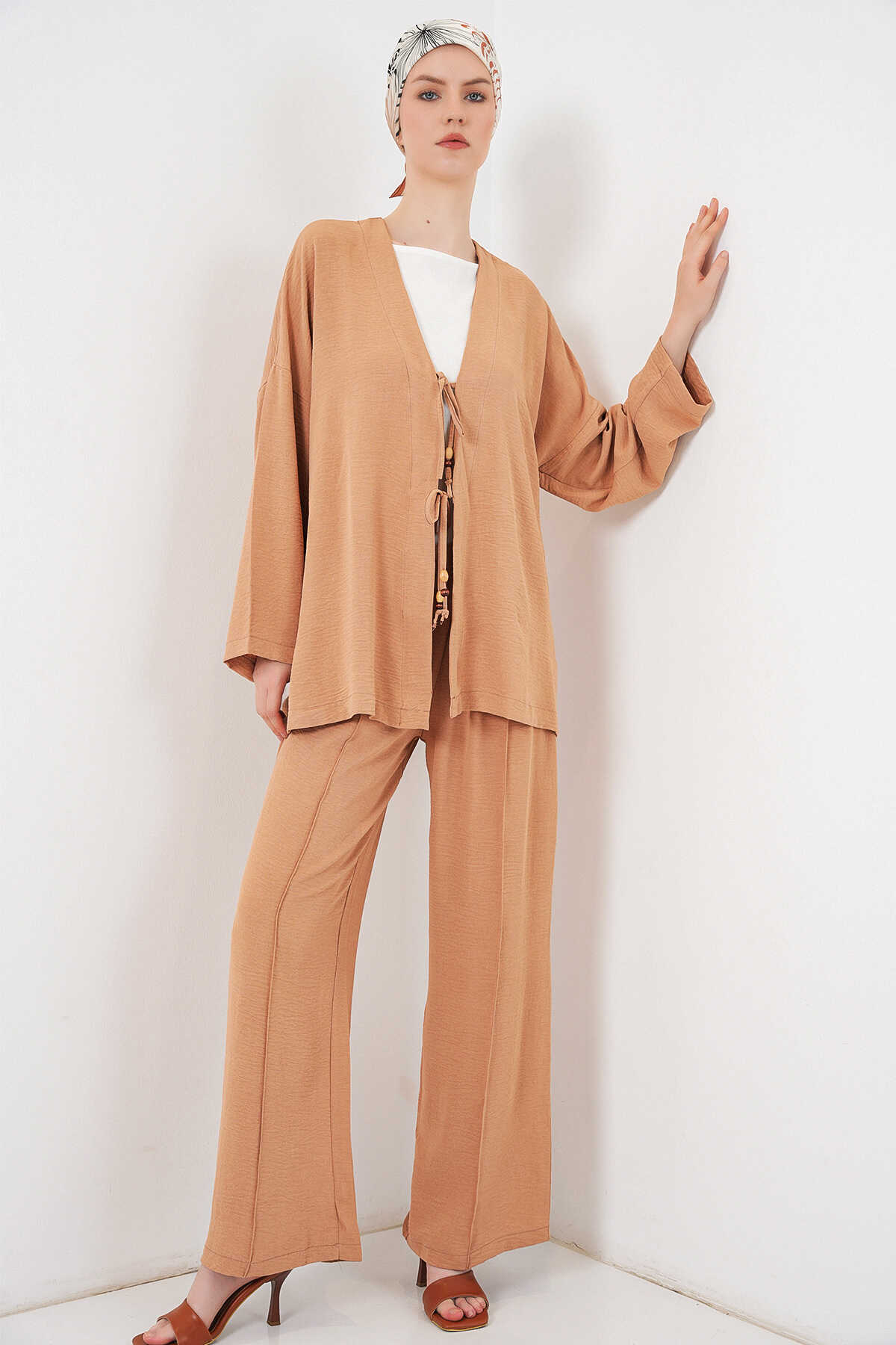 Kadın Ayrobin Kimono Pantolon İkili Takım 6739 - Bisküvi - 1
