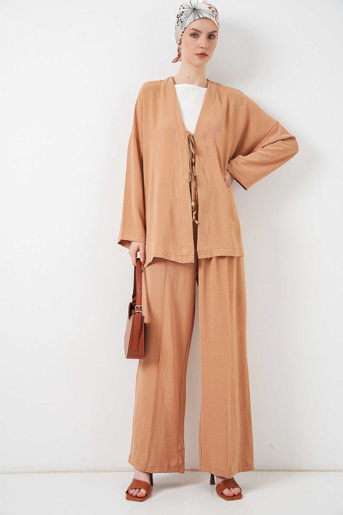 Kadın Ayrobin Kimono Pantolon İkili Takım 6739 - Bisküvi - 3