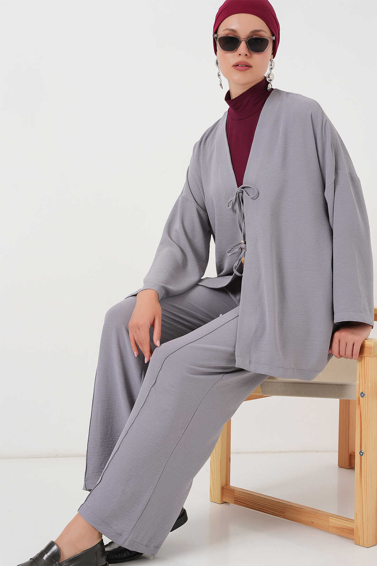 Kadın Ayrobin Kimono Pantolon İkili Takım 6739 - Gri - 3