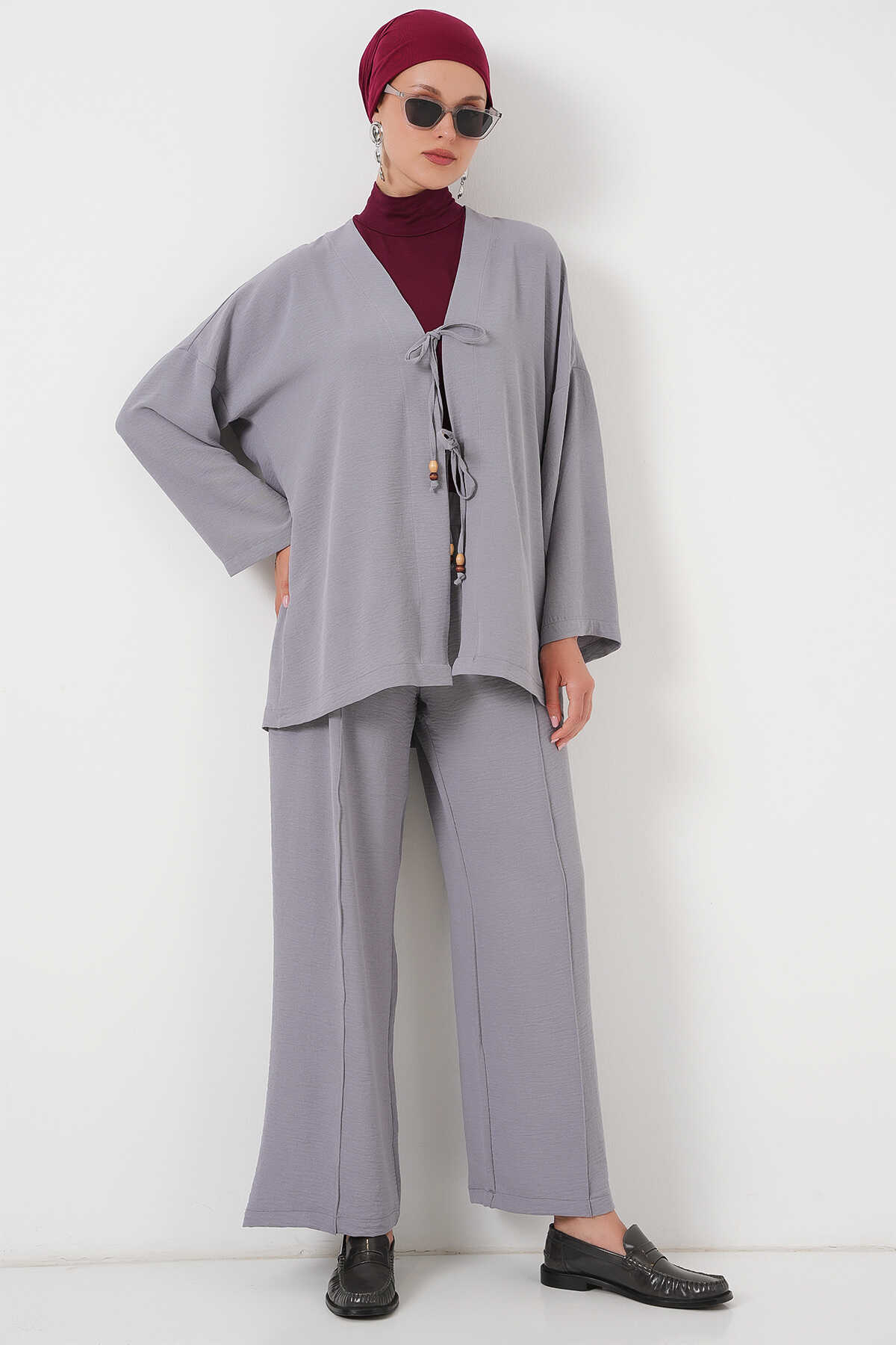 Kadın Ayrobin Kimono Pantolon İkili Takım 6739 - Gri - 4