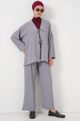 Kadın Ayrobin Kimono Pantolon İkili Takım 6739 - Gri - 4