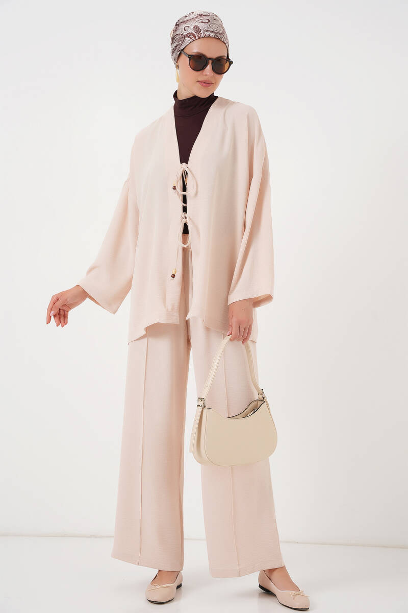 Kadın Ayrobin Kimono Pantolon İkili Takım 6739 - Krem - BİGDART