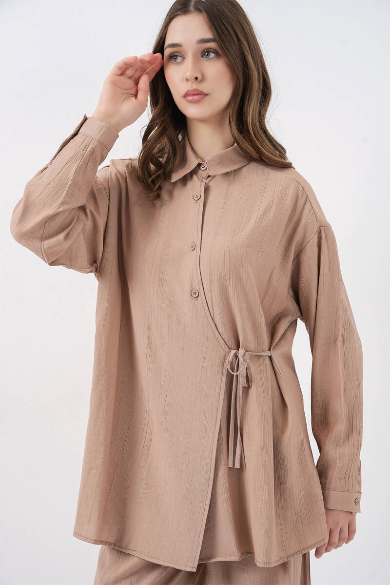 Kadın Bağcıklı Tunik Pantolon İkili Takım 6752 - Bej (1)