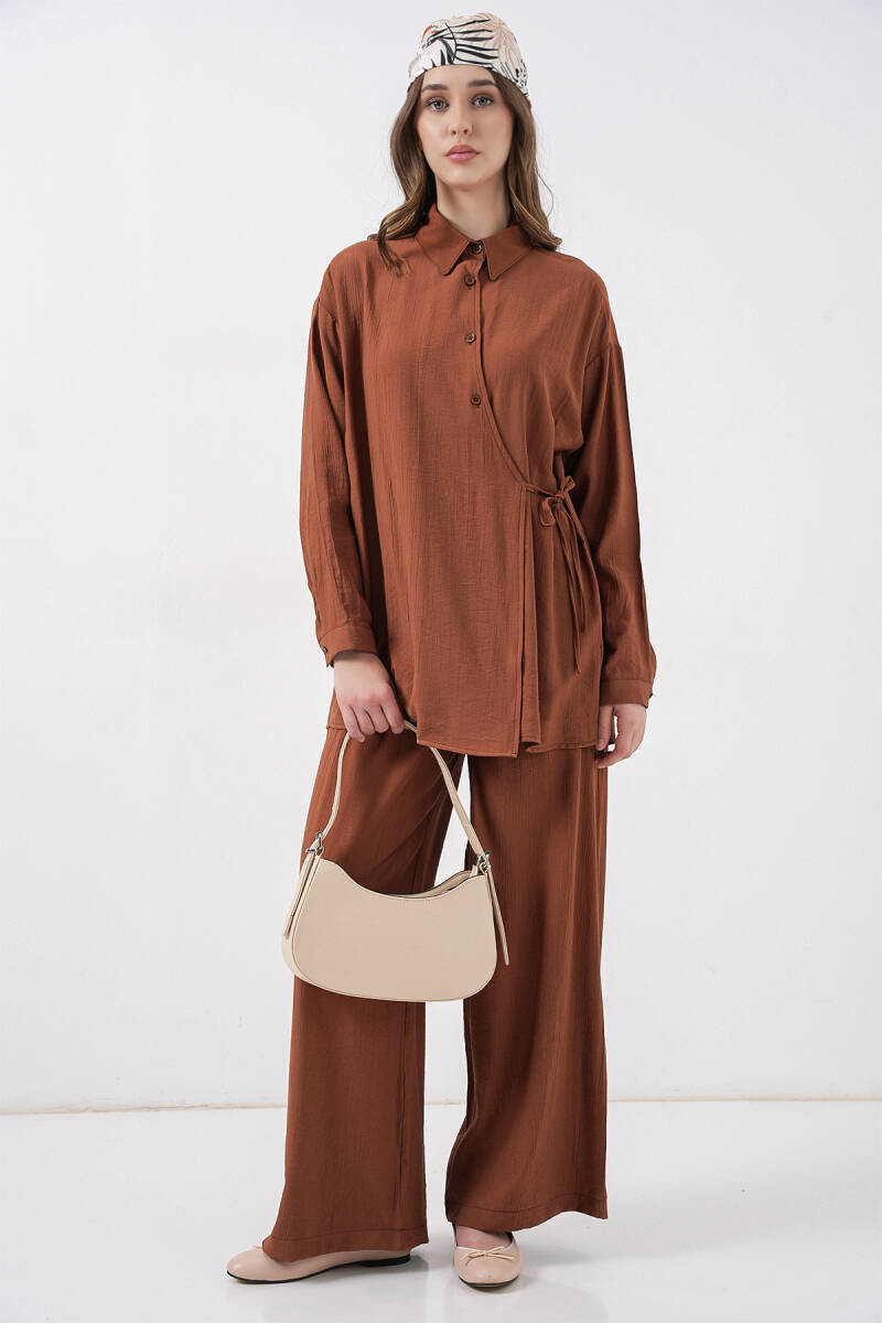 Kadın Bağcıklı Tunik Pantolon İkili Takım 6752 - Taba - BİGDART