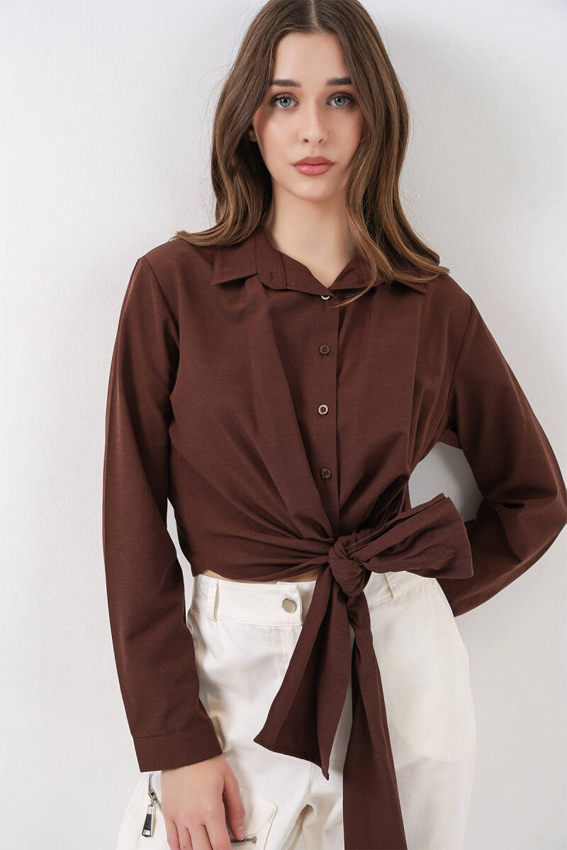 Kadın Bağlamalı Uzun Kol Gömlek 20325 - Kahverengi - BİGDART