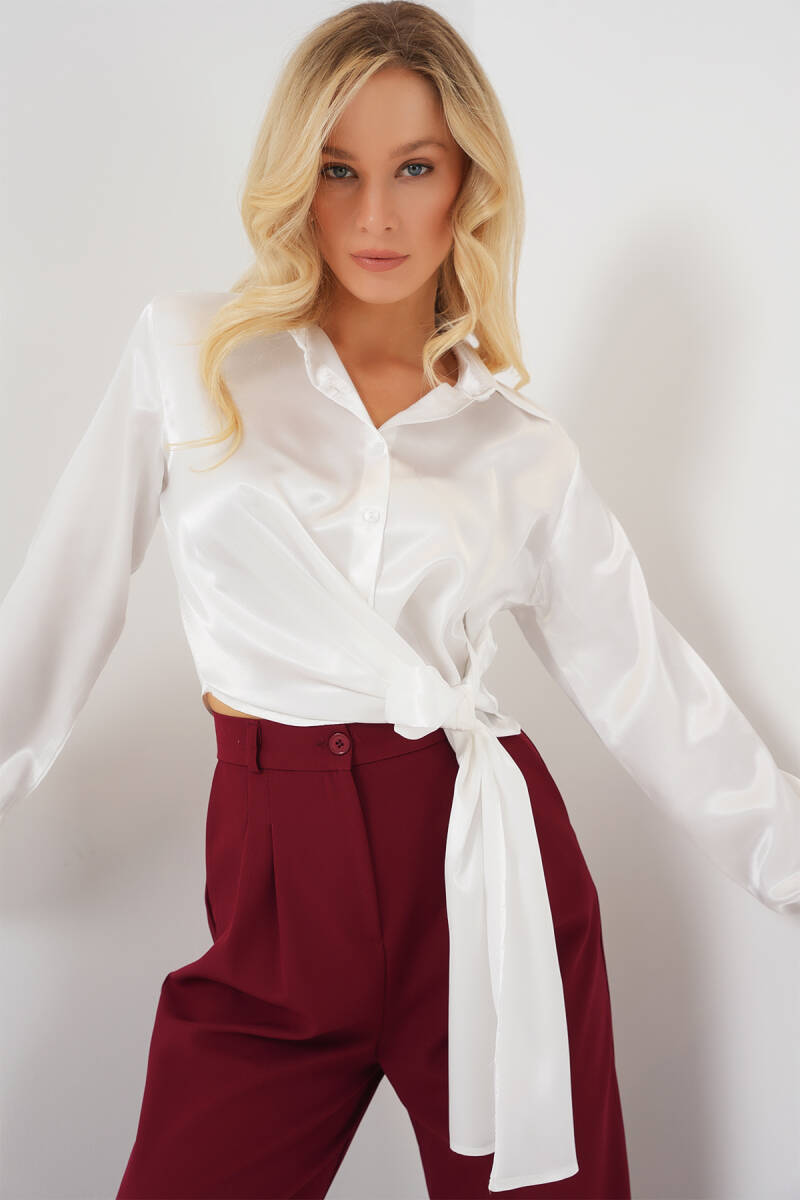 Kadın Bağlamalı Uzun Kol Saten Gömlek 20287 - Beyaz - BİGDART