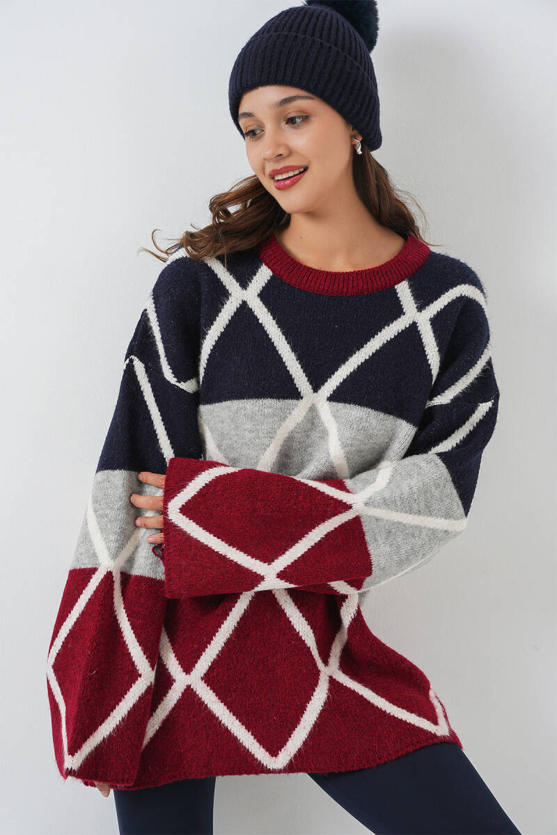 Kadın Baklava Desenli Oversize Uzun Kazak 15931 - Bordo - BİGDART