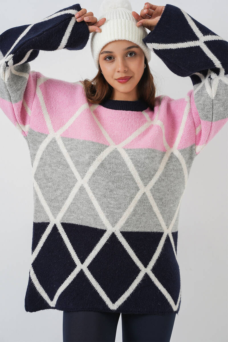 Kadın Baklava Desenli Oversize Uzun Kazak 15931 - Lacivert - BİGDART