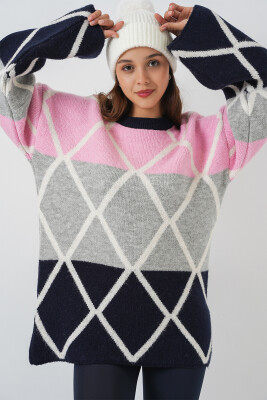 Kadın Baklava Desenli Oversize Uzun Kazak 15931 - Lacivert 