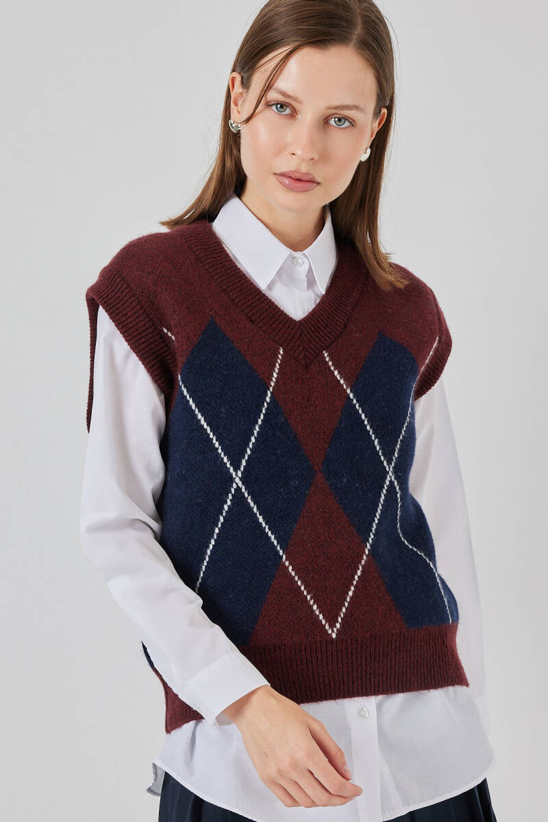 Kadın Baklava Desenli Süveter 15940 - Bordo - BİGDART