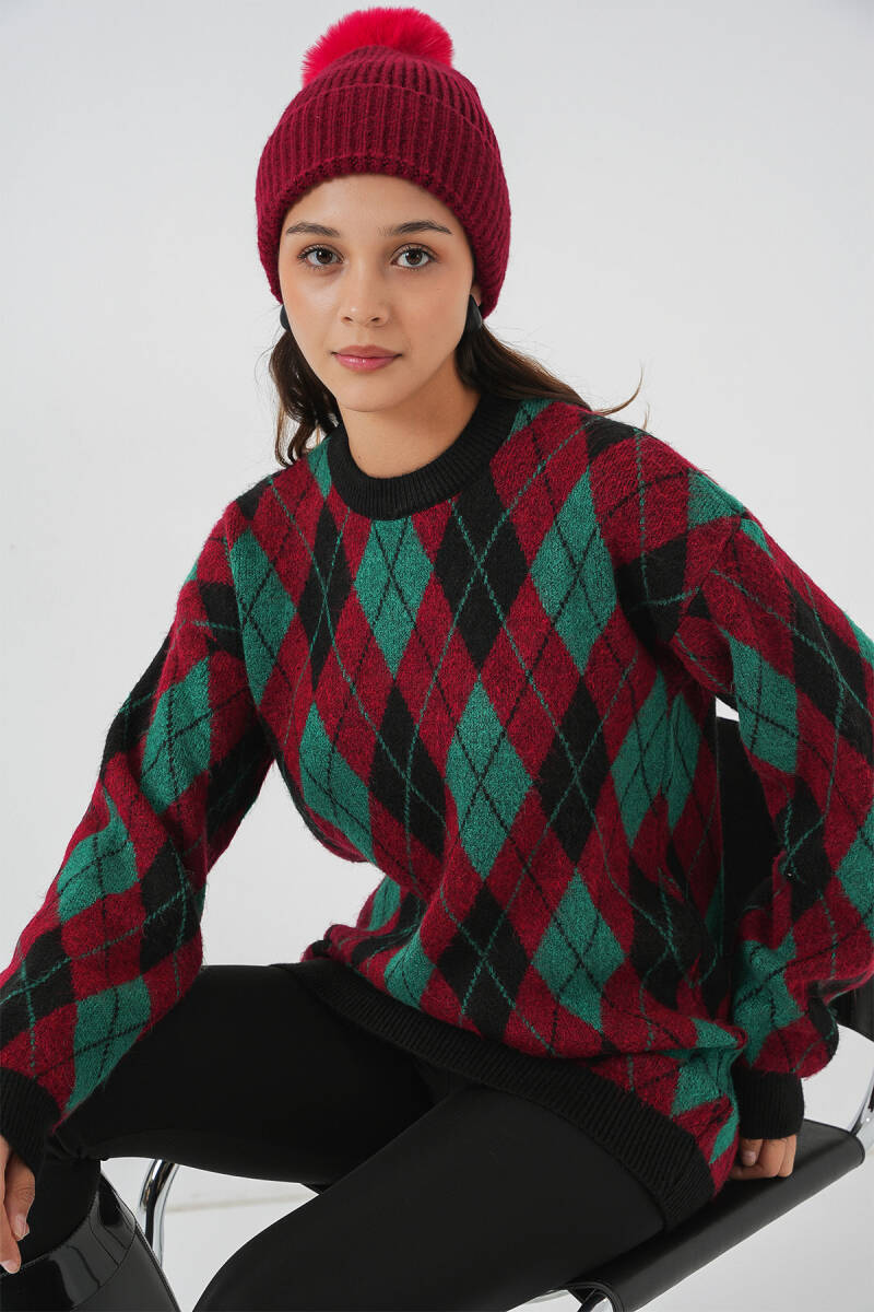 Kadın Baklava Desenli Triko Kazak 15929 - Bordo - BİGDART