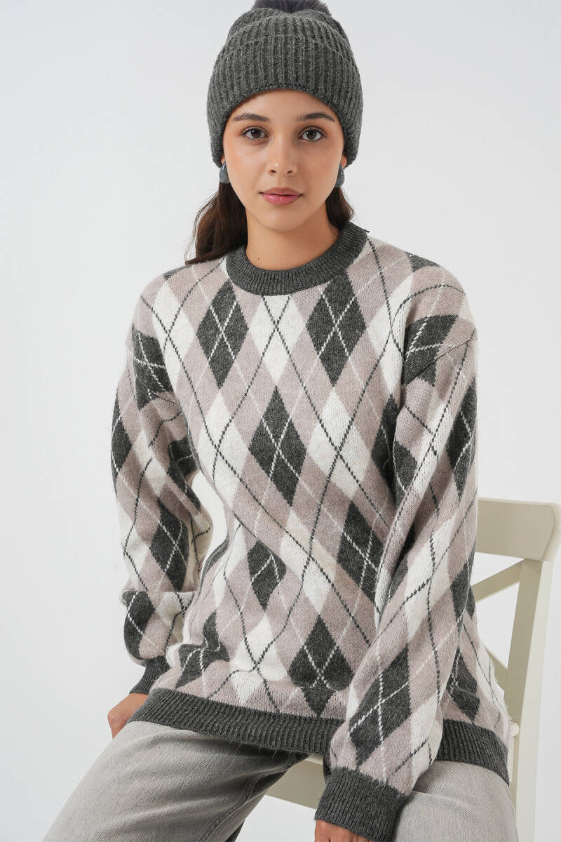 Kadın Baklava Desenli Triko Kazak 15929 - Gri - BİGDART