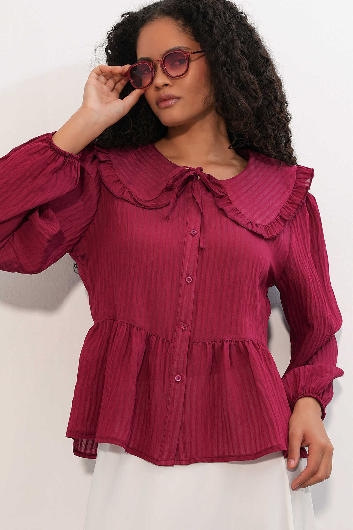 Kadın Bebe Yaka Gömlek Bluz 993 - Bordo - 3