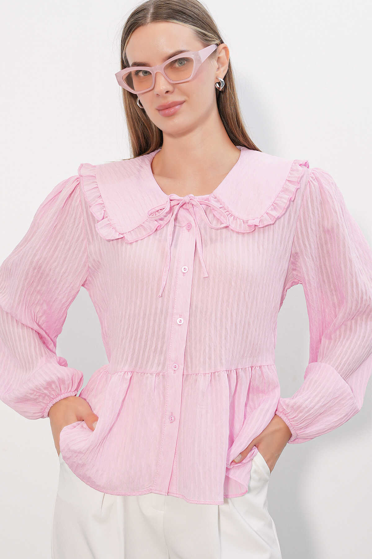 Kadın Bebe Yaka Gömlek Bluz 993 - Pembe - 4