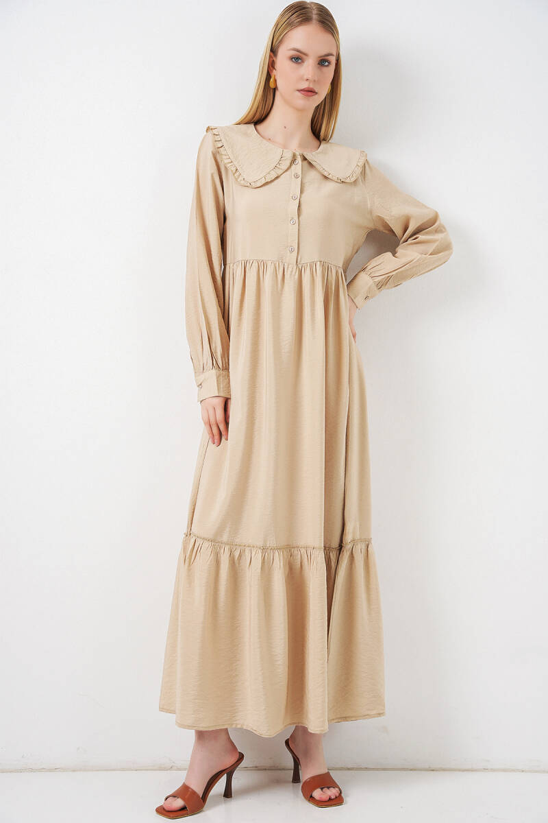 Kadın Bebe Yaka Uzun Tesettür Elbise 2592 - Bej - BİGDART