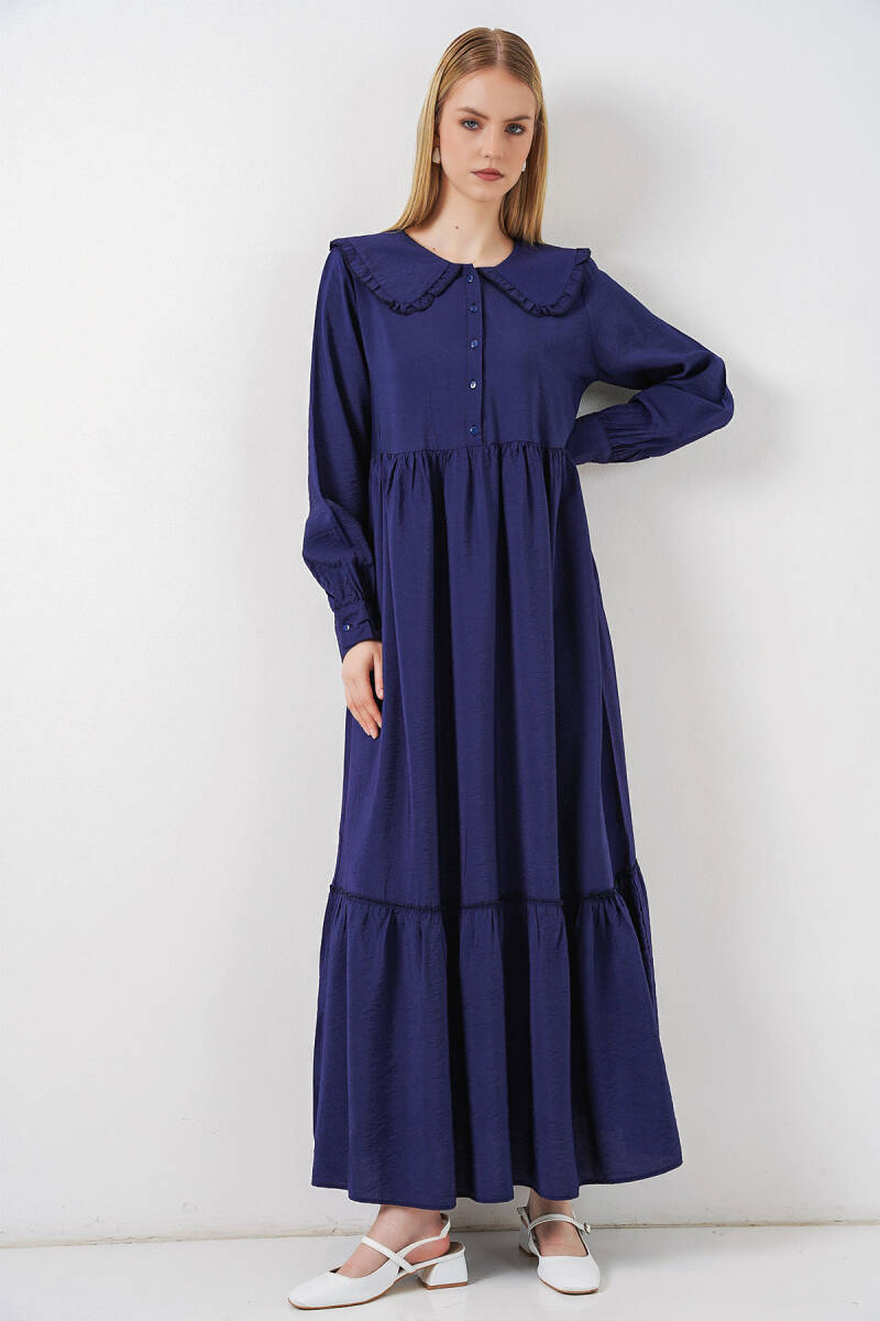 Kadın Bebe Yaka Uzun Tesettür Elbise 2592 - Lacivert - BİGDART