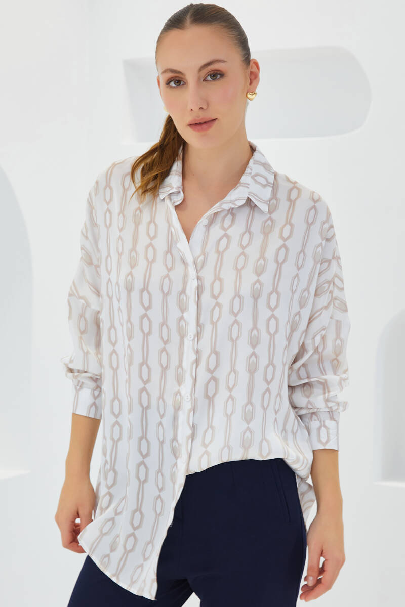 Kadın Bej Beyaz Desenli Oversize Saten Gömlek 3985 - BİGDART
