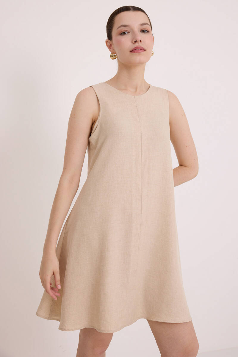 Kadın Mini Keten Elbise - Bej - BİGDART