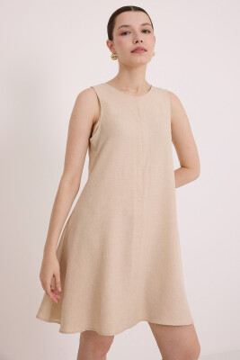 Kadın Mini Keten Elbise - Bej 