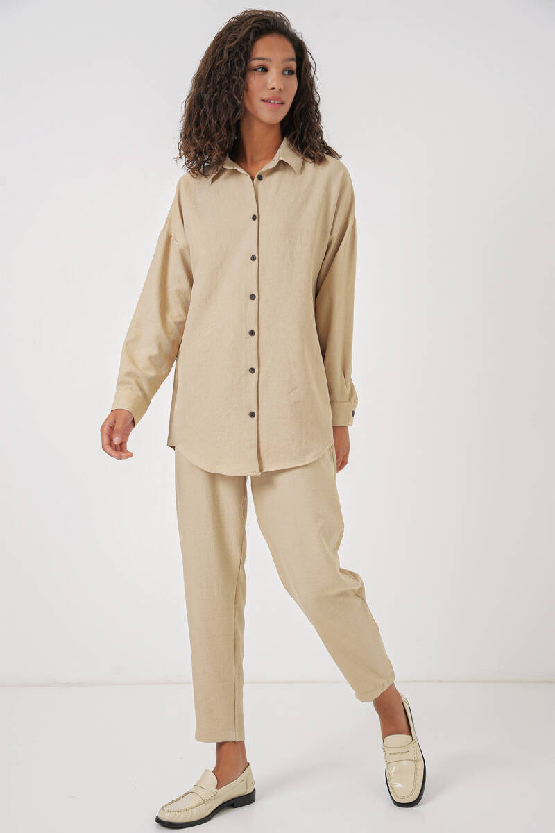 Kadın Bej Oversize Keten Alt Üst Takım 6622 - BİGDART