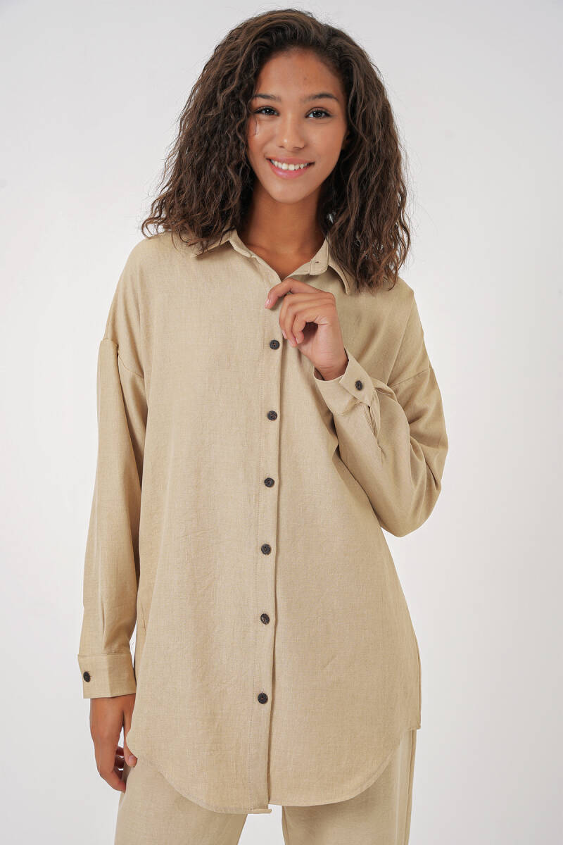 Kadın Bej Oversize Keten Alt Üst Takım 6622 (1)