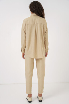 Kadın Bej Oversize Keten Alt Üst Takım 6622 - 5
