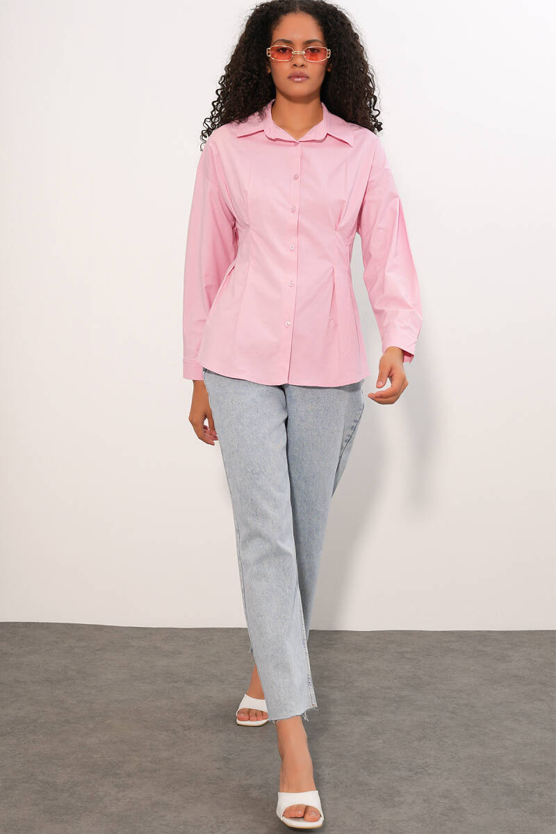 Kadın Belden Oturtmalı Poplin Gömlek 20384 - Pembe (1)