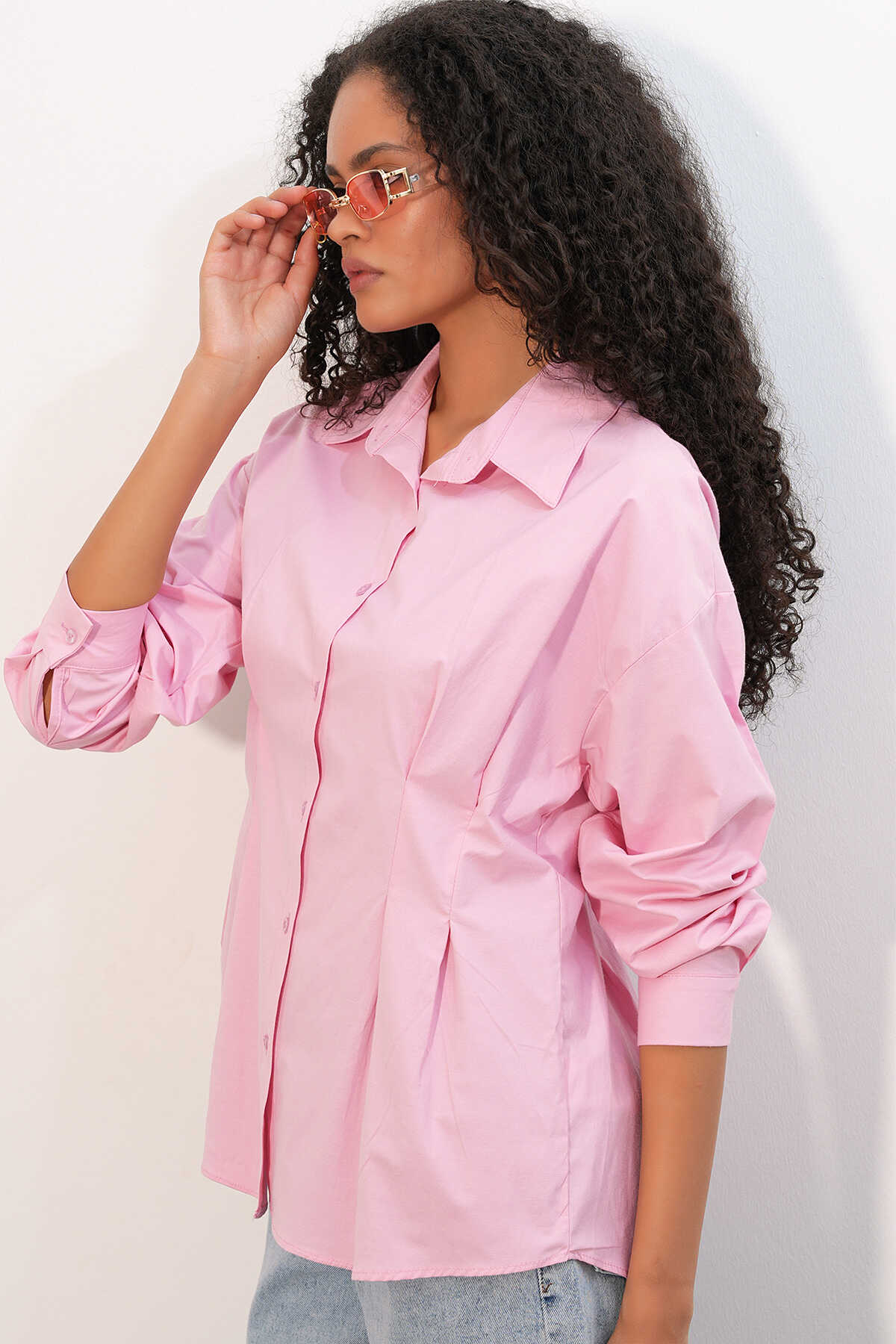 Kadın Belden Oturtmalı Poplin Gömlek 20384 - Pembe - 3