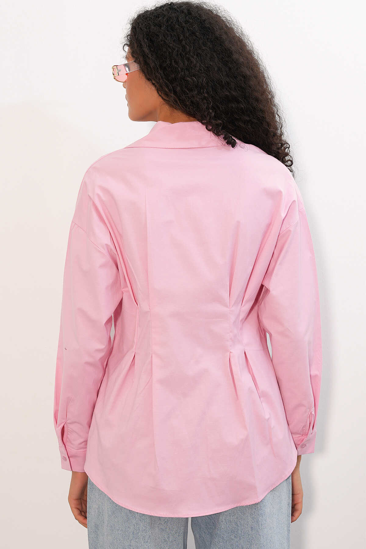 Kadın Belden Oturtmalı Poplin Gömlek 20384 - Pembe - 6