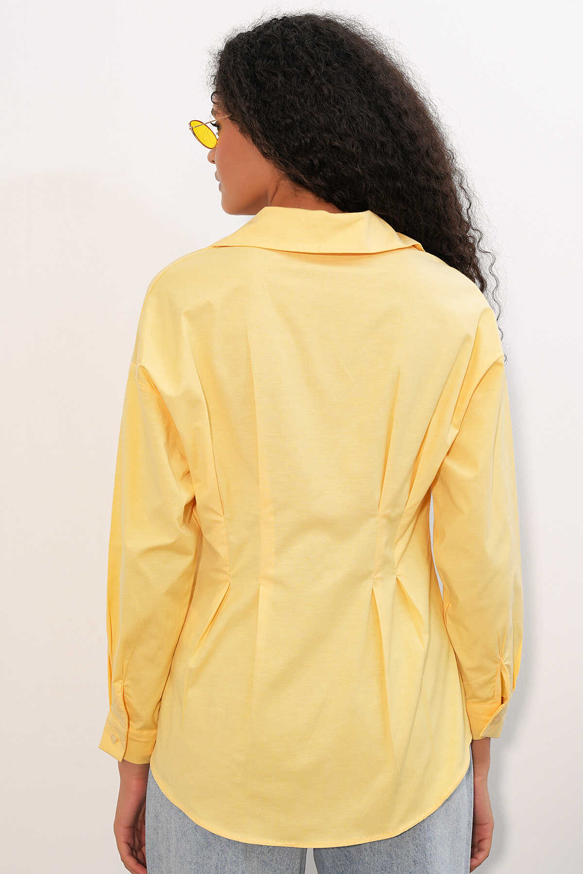 Kadın Belden Oturtmalı Poplin Gömlek 20384 - Sarı - 6