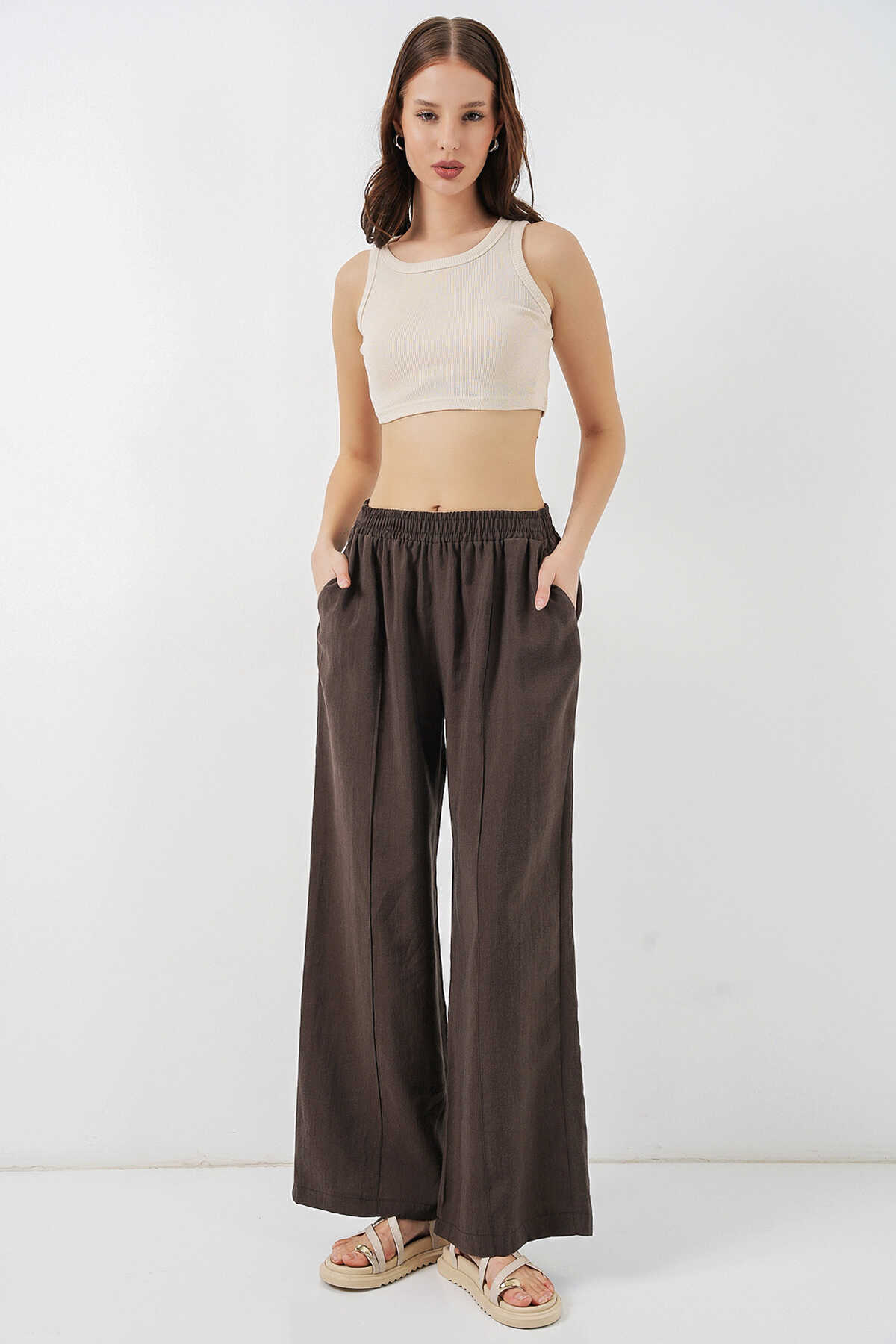 Kadın Beli Lastikli Bol Paça Pantolon 30087 - A.Kahve - 1
