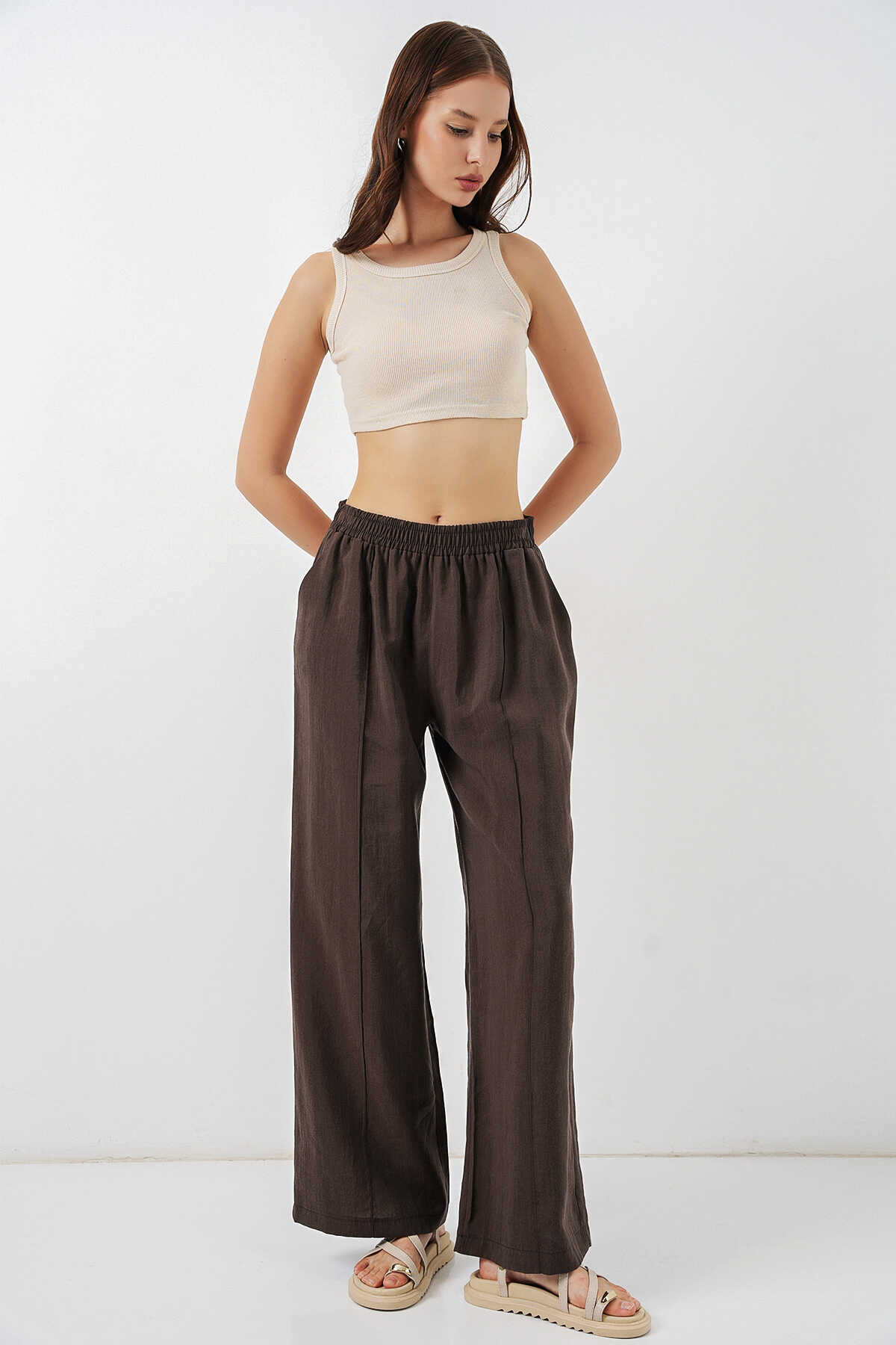 Kadın Beli Lastikli Bol Paça Pantolon 30087 - A.Kahve - 3