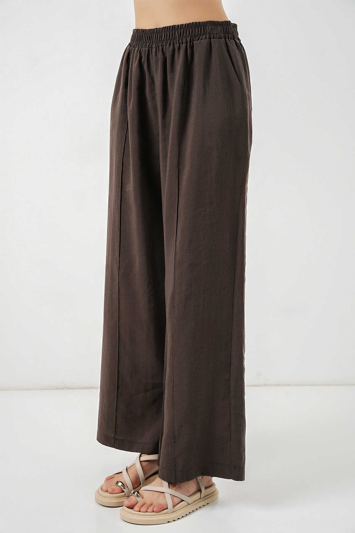 Kadın Beli Lastikli Bol Paça Pantolon 30087 - A.Kahve - 4