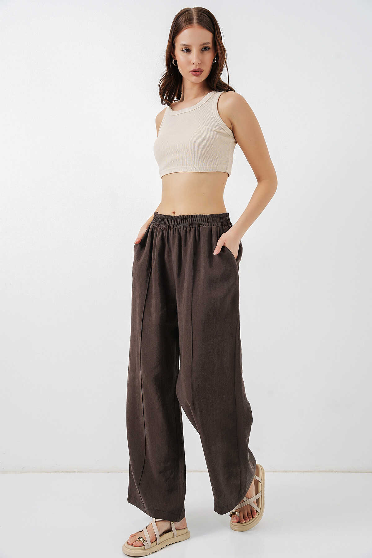 Kadın Beli Lastikli Bol Paça Pantolon 30087 - A.Kahve - 5