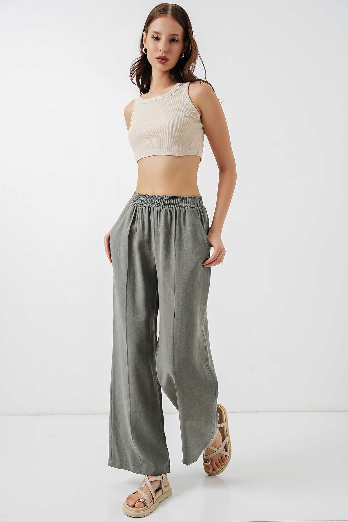Kadın Beli Lastikli Bol Paça Pantolon 30087 - Gri - 1