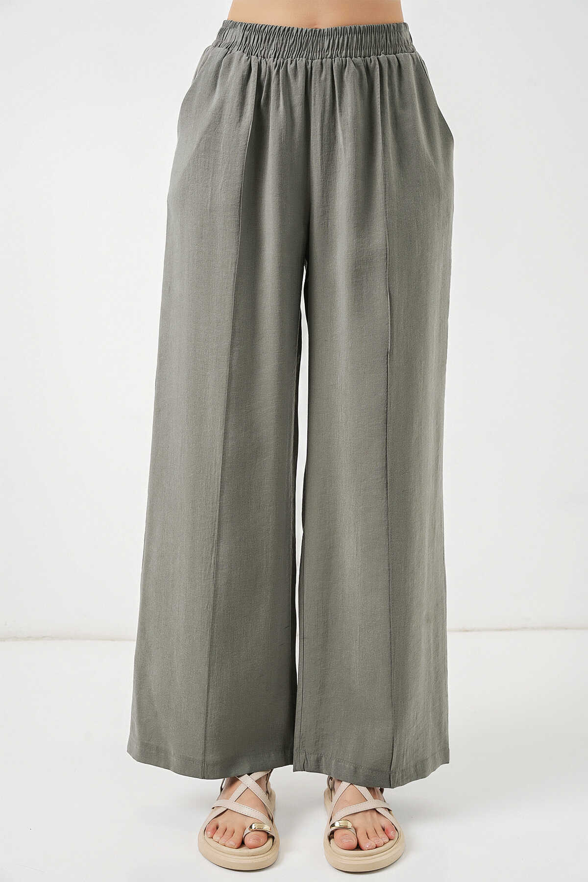 Kadın Beli Lastikli Bol Paça Pantolon 30087 - Gri - 2