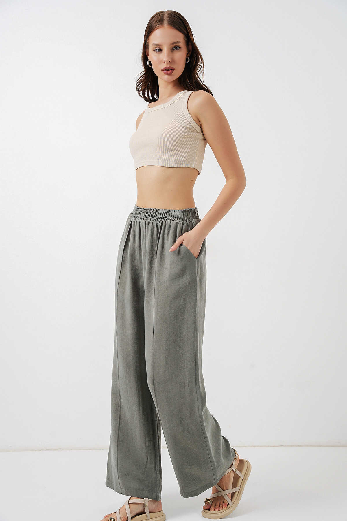 Kadın Beli Lastikli Bol Paça Pantolon 30087 - Gri - 3