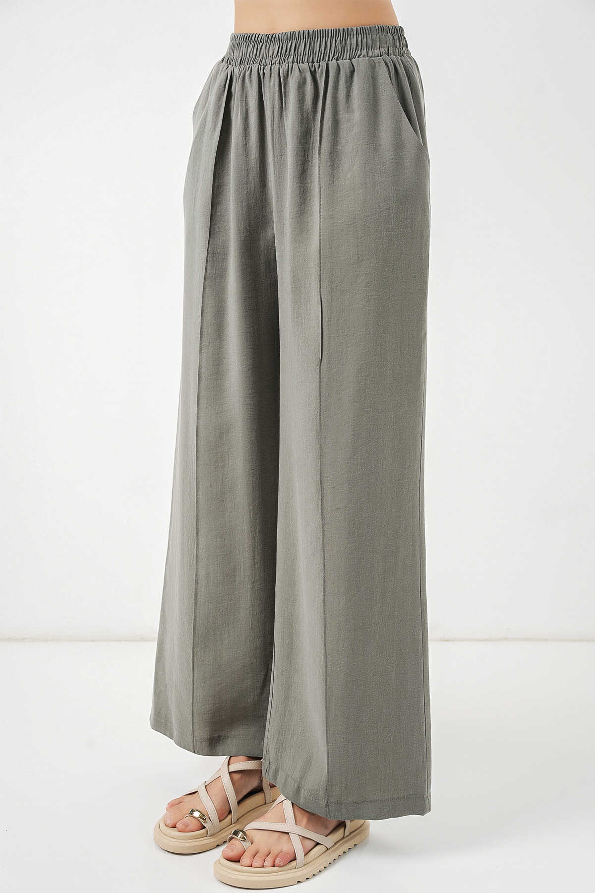 Kadın Beli Lastikli Bol Paça Pantolon 30087 - Gri - 4