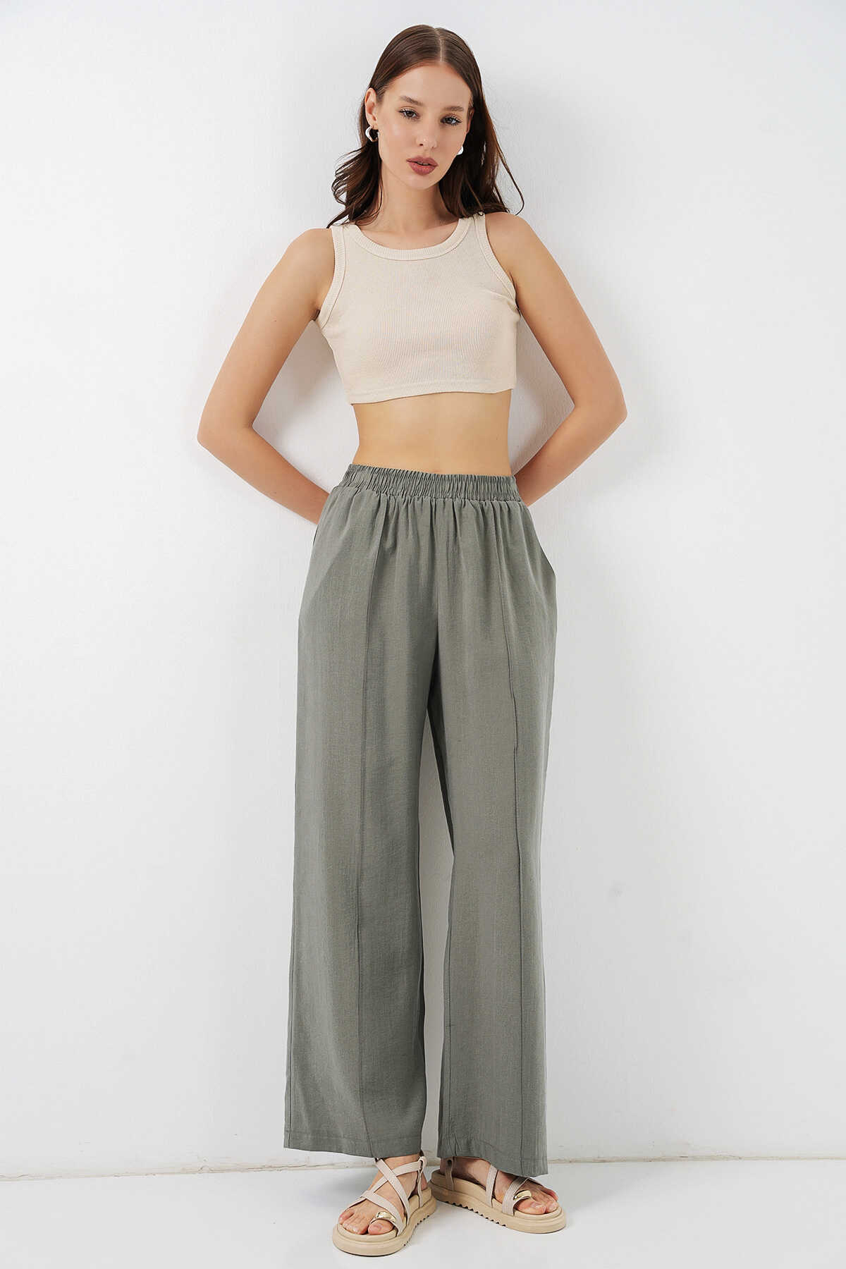 Kadın Beli Lastikli Bol Paça Pantolon 30087 - Gri - 5