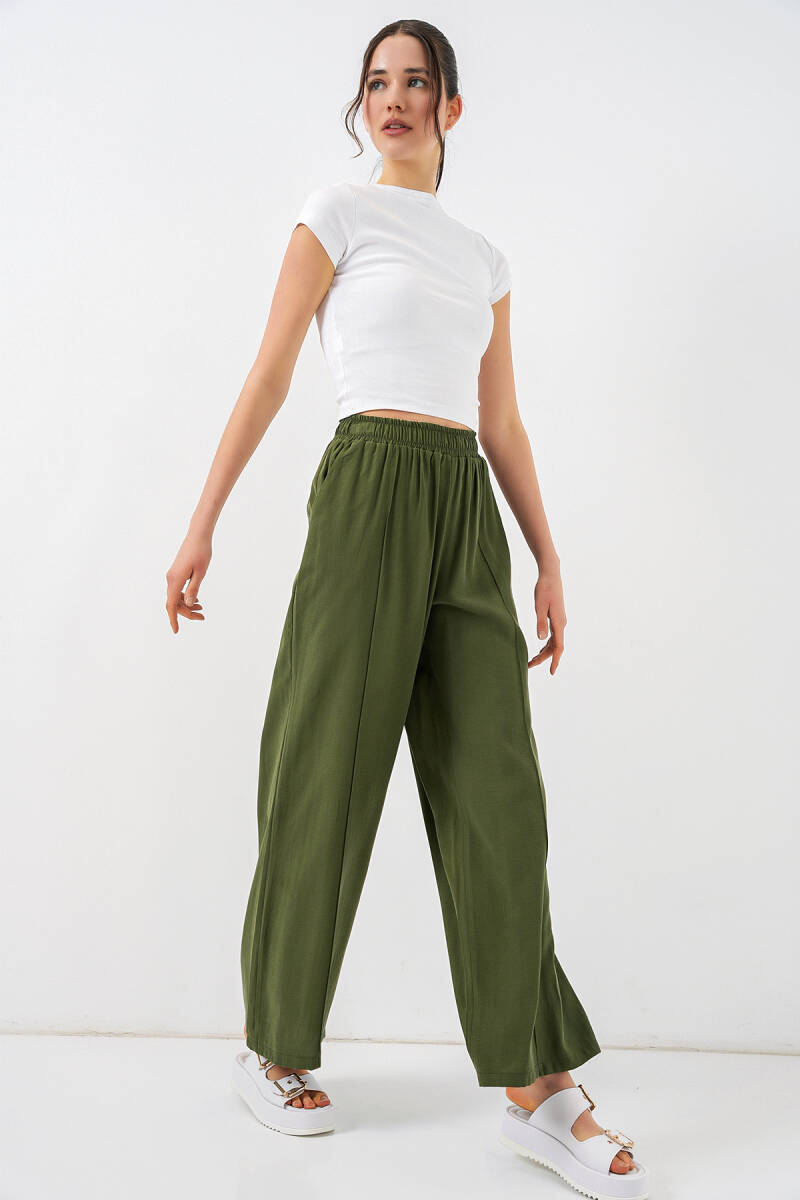 Kadın Beli Lastikli Bol Paça Pantolon 30087 - Haki - BİGDART