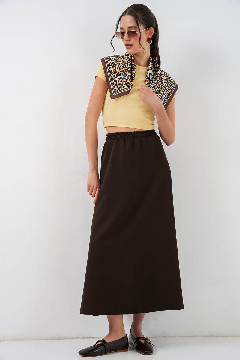 Kadın Beli Lastikli Uzun Etek 8072 - Kahverengi - BİGDART